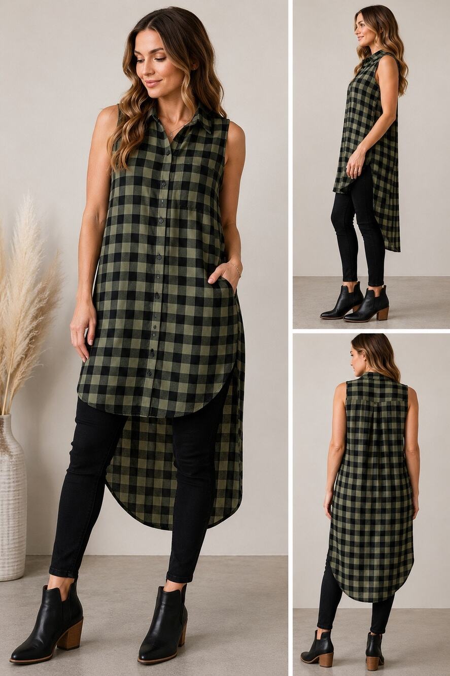 Cleo green black Buffalo checked hi low sheer button up dress. 1X